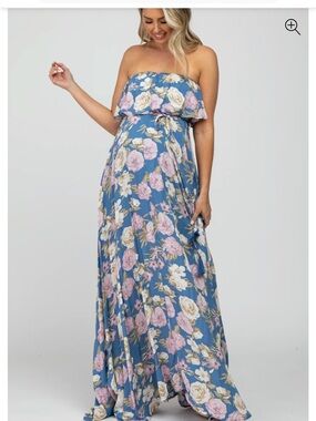 Maternity Strapless Blue Floral Maxi Dress